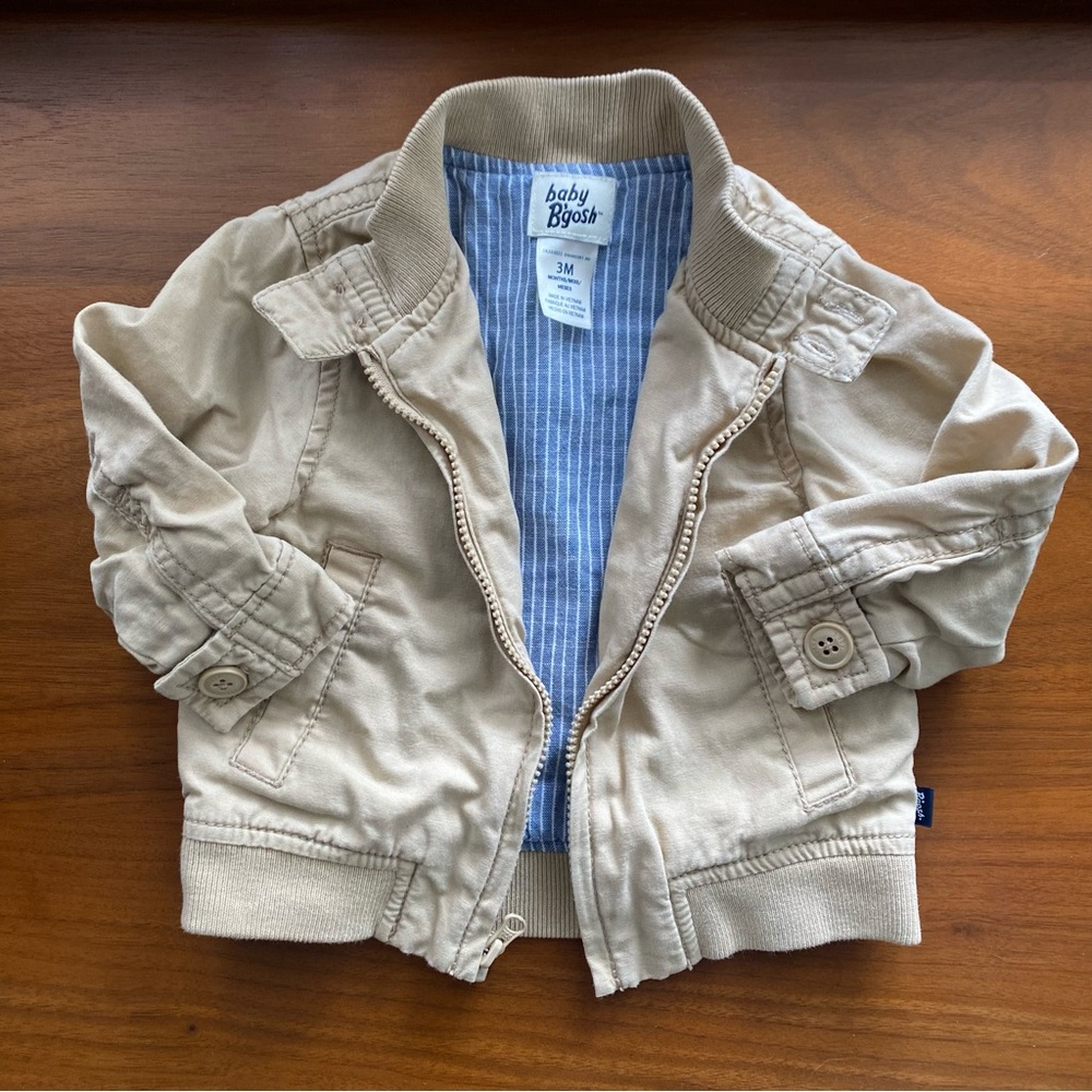 Baby B'gosh Tan Jacket with Blue Pinstripe Lining